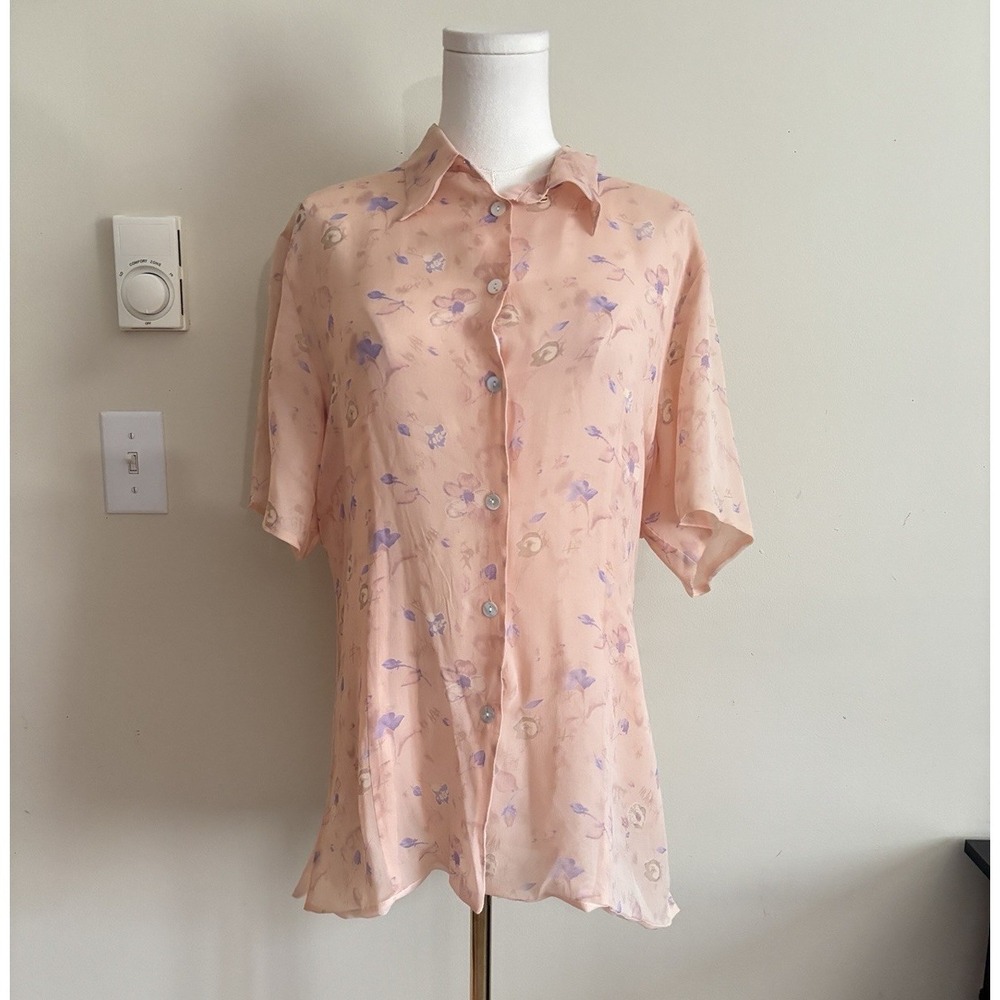 Vintage Y2K‎ Silk Icon Button Up Top Womens XL Floral Sheer Pink Cottage Fairy